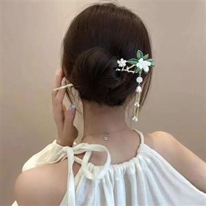 گیره مو زنانه مدل کانزاشی طرح گل میخک آویزدار رنگ ثابت