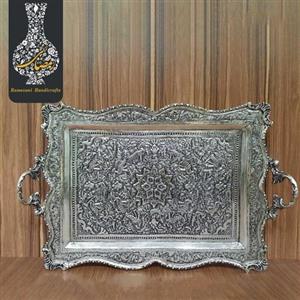 سینی چایخوری شش نفره دستساز قلمزنی گل و طاووس  اعلاء سیاه قلم طرح نقره