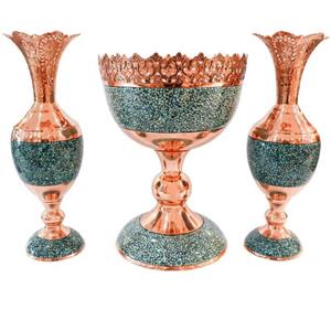 ست سه تکه سرویس سنبلدان یا گلدان و آجیل خوری 25 مس و فیروزه کوبی نیشابور صنایع دستی سایروس آجیل خوری یا میوه خوری فیروزه 