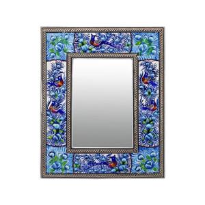 قاب آینه خاتم کاری مدل گل و مرغ آبی برجسته تاج دار 