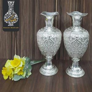 گلدان اناری دستساز قلمزنی گل و طاووس  اعلاء سفید طرح نقره