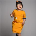 پیراهن دخترانه Y702 برشاد رنگ پرتقالی-آبی نفتی سایز 104