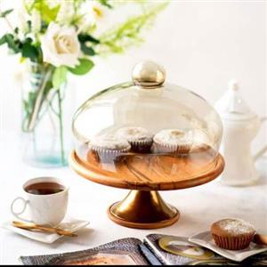 کاپ کیک پایه دار 11039 با درب شیشه ای دودی و چوب راش گرجستانی