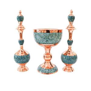 ست سه تکه تنگ گیلاسی یا تنگ شاهی و سنگ آب مس و فیروزه کوبی نیشابور سنگاب فیروزه صنایع دستی سایروس 