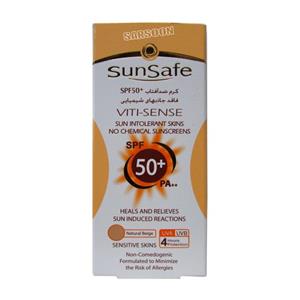 کرم ضد آفتاب رنگی سان سیف +SPF50 فاقد جاذب های شیمیایی مناسب پوست حساسSunsafe Sunsblock Viti Sense Cream 