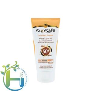 کرم ضد آفتاب رنگی سان سیف +SPF50 فاقد جاذب های شیمیایی مناسب پوست حساسSunsafe Sunsblock Viti Sense Cream 