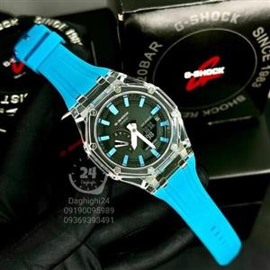 ساعت  مچی جی شاک GA2100 دور شیشه ای کریستال آبی هشت ضلعی(جیشاک GShock) تنظیم اتوماتیک با پایتخت کشورها ،اتولایت اتوماتیک 