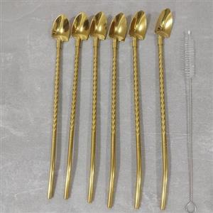 قاشق شربت خوری نی دار طلایی مارک یونیک لایف بسته 6 عددی همراه با فرچه استیل طول 22 سانت . قاشق نی دار.Unique life .شیک