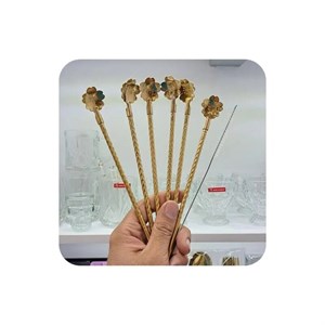 قاشق شربت خوری نی دار طلایی مارک یونیک لایف بسته 6 عددی همراه با فرچه استیل طول 22 سانت . قاشق نی دار.Unique life .شیک