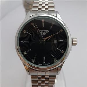 ساعت عقربه ای CITIZEN VIP  سیتیزن وی آی پی زنانه ساده بند فلزی سیلور  صفحه مشکی 12 خط دار  تقویم3 موتور ژاپن ساعت عبدی