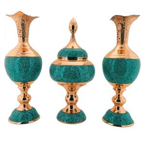 ست سه تکه سنبلدان یا گلدان فیروزه کوبی قلم زنی شده و لب شبکه ای و شکلات خوری مس و فیروزه کوبی نیشابور صنایع دستی سایروس 