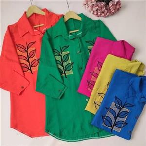 شومیز مانتویی برگی گلدوزیجنس بابوسرنگ بندیمشکی  سفید  نارنجی  سبز  سرمه ای سرخابی  طوسی روشن نسکافه ای  تا سایز 48