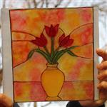 تابلو نقاشی دیوار کوب ویترای روی شیشه دکوری طرح لاله و  گلدان مناسب هدیه