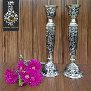 شمعدان بزرگ قلمزنی گل و مرغ  اعلاء سیاه قلم طرح نقره شماره 3
