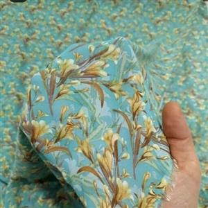 شال حریر شیفون گلدار  هندی اعلا رنگ فیروزه ای گل طلایی (دریای آرامش)