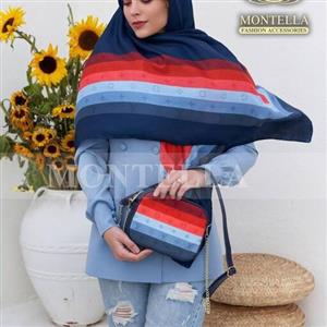 ست کیف و روسری زنانه رنگ سورمه ای طرح حاشیه طیفی قرمز با کیف کوچک  mo110