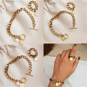 ست دستبند و انگشتر کارتیر استیل با اویز قلب،بدلیجات ، رنگ ثابت و ضد حساسیت،بدلیجات استیل،دستبند،انگشتر