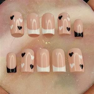 ناخن مصنوعی با مواد کاشت( رنگ هلویی با طرح فرنچ و قلب سفید و مشکی فرم مربع کوتاه)