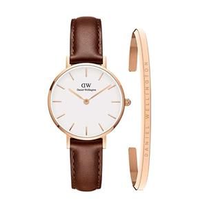 ست ساعت و دستبند زنانه دنیل ولینگتون بند چرم قهوه ای قاب رز DW-4917-L