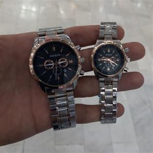 ساعت ست کاسیو طرح س موتوره بند دو رنگ نقره ای گلد قاب رزگلد صفحه مشکی تک 550 ارسال رایگان