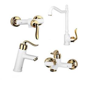 دست کامل شیرآلات رابو سفید طلایی شامل شیر  روشویی توالت دوش و ظرفشویی به همراه شلنگ توالت هدیه از طرفه غرفه