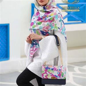 ست کیف و روسری زنانه طرح گلبرگ رنگ صورتی بنفش زیبا و شیک  mo130