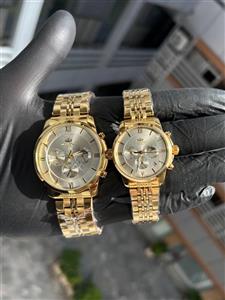 ساعت ست الگانس سه موتوره فول تایم ست زنانه مردانه با بند چرم طبیعی