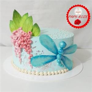 کیک تولد آبی گل و سنجاقک زیبا مرواریدی(2کیلو)