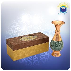 گلدان صراحی مس و فیروزه کوب ۱۶ سانت آقاجانی با جعبه ام دی اف گالینگور (کد ۶۰۲۸۲)