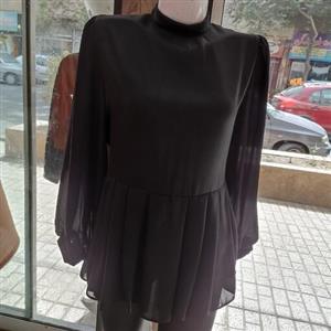 شومیز مشکی کرپ حریر کمرچین دار تک رنگ مشکی در دو سایز