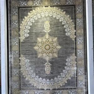 فرش 9متری 700شانه 2550تراکم طرح طوسی طلاکوب وینتیج سه بعدی نخ اکلریک کاشان