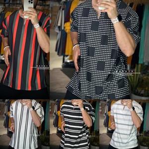 تیشرت پارچه بسکویتتی مردانه  قواره دار  یقه کوبایی در 5 طرح متفاوت