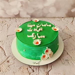 کیک تولد خانگی خامه ای سبز با تزیینات فوندانتی گل مینا با فیلینگ موزوگردو وکرم شکلاتی کیک روز مادر