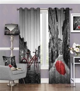 پرده پانچی سیاه سفید اتاق خواب طرح شهر با چتر قرمز