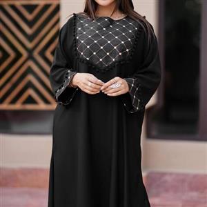 مانتو بلند کفتان سینه مربع کرپ حریر جت بلک خرجکار هندی تافته فری از 36 تا 46 قد 122