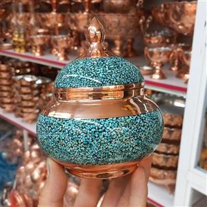 قندان یا تنقلات و شکلات خوری فیروزه کوب مسی با مهر استاندارد