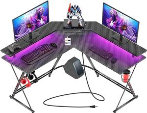 Chulovs Gaming Desk 50.4 with LED Strip amp Power Outlets L-Shaped Computer Corner Desk Carbon Fiber Surface with Monitor Stand Ergonomic Gamer Table with Cup Holder Headphone Hook (Black) - ارسال 10 الی 15 روز کاری 