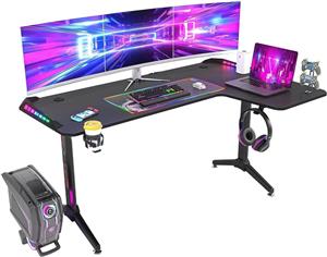 L-Shaped Gaming Desk Computer Workstation: 160 x 100cm Large Corner Game Table Carbon Fiber Black Desktop Gamer Desks with 6 Colors 8 Modes RGB Light Cable Management Box Headphone Hook and Cup Holder - ارسال 10 الی 15 روز کاری