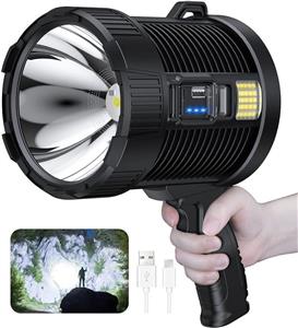 نورافکن شارژی پروتون، چراغ‌های نقطه‌ای LED 100000 لومن چراغ قوه بزرگ دستی چراغ قوه‌های خورشیدی در فضای باز فوق‌العاده روشن نور افکن با نور Cob، 6 حالت، IPX5 ضد آب  ارسال 10 الی 15 روز کاری