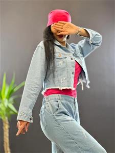 کت جین کوتاه زنانه دخترانه  ، کراپ کت جین ، کت لی اصلی سنگشور شده ، کراپ جین ضخیم