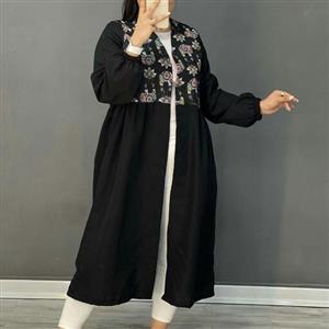 مانتو مجلسی بلند جلو باز مشکی طرحدار تابستانه سنتی عروسکی گلدوزی مزونی