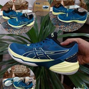 کفش والیبال هندبال و بسکتبال مردان و بانوان اسیکس اسکای الیت ff رنگ آبی نفتی و زرد  asics sky elite ff  نایک آدیداس میزا