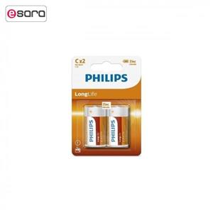 باتری C فیلیپس مدل Long Life Zinc Chloride R14 بسته 2 عددی Philips Battery Pack Of 