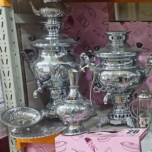 سماورگازی با سرویس کامل قوری جام سینی پارچ جنس برنجی ی ابکروم