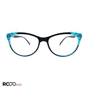 عینک مطالعه نزدیک بین نمره  1.00 با فریم رنگ مشکی و آبی، شکل چشم گربه‌ای و دسته فنردار مدل FB9155