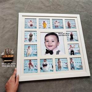 قاب عکس پازلی خانواده و ماهگرد کودک سایز قاب 50x50 سانت 12 عکس 10x10 و یک عکس20x20 بهترین جنس پروفیل و ام دی اف شبکه ای