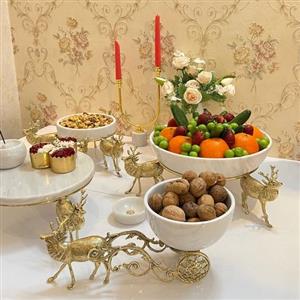 ظروف سنگی پذیرایی گوزن برنجی شامل میوه خوری سنگی شیرینی خوری سنگی آجیل خوری سنگی و کالسکه شکلات خوری سنگی | آقای سنگی | جهیزیه عروس | هدیه تولد