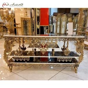 میز تلویزیون برنزی و چوب ام دی اف مشکی، طرح طاووس تاجدار
