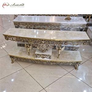 میز تلویزیون نیم گرد آلومینیومی با چوب ام دی اف، طرح گل سرخ برجسته