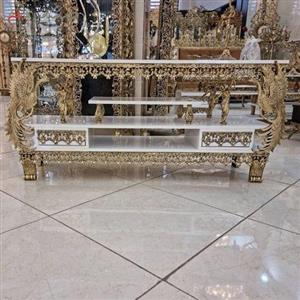 میز تلویزیون جنس ام دی اف و آلومینیوم طرح طاووس و گل نرگس برجسته
